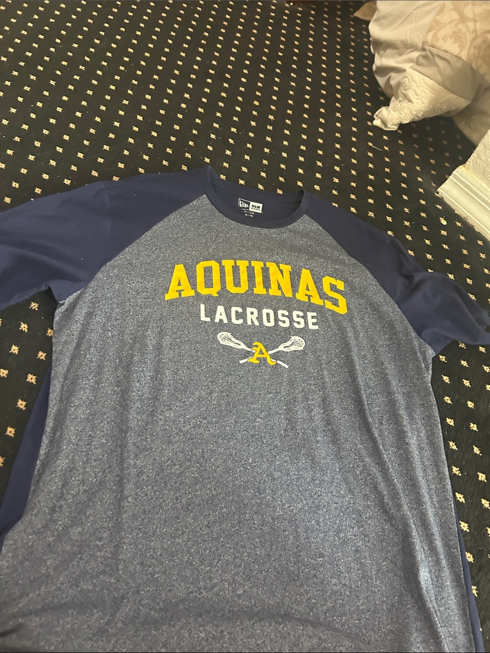New Era Navy and Yellow Aquinas Lacrosse Short Sleeve Tee
